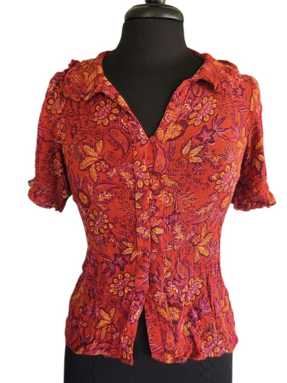 Autres Filles Boho Red Floral Top Button-Front Short Sleeve Blouse Small